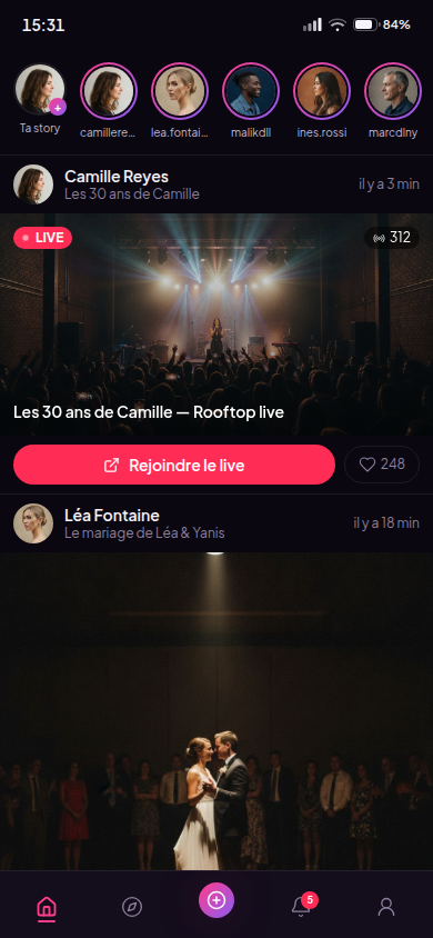 Fil d'actualité : stories, live et posts d'événement