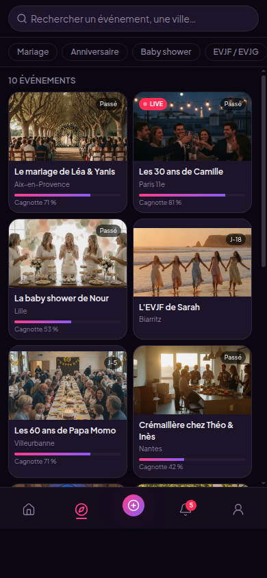 Découverte d'événements avec filtres et cagnottes