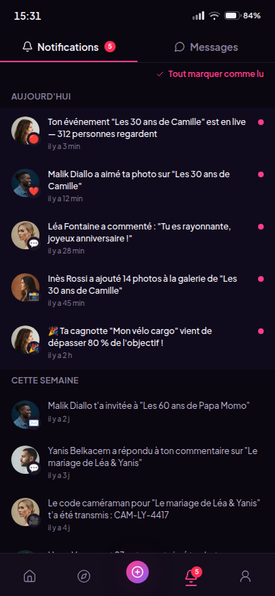 Notifications groupées par jour, avec suivi de cagnotte