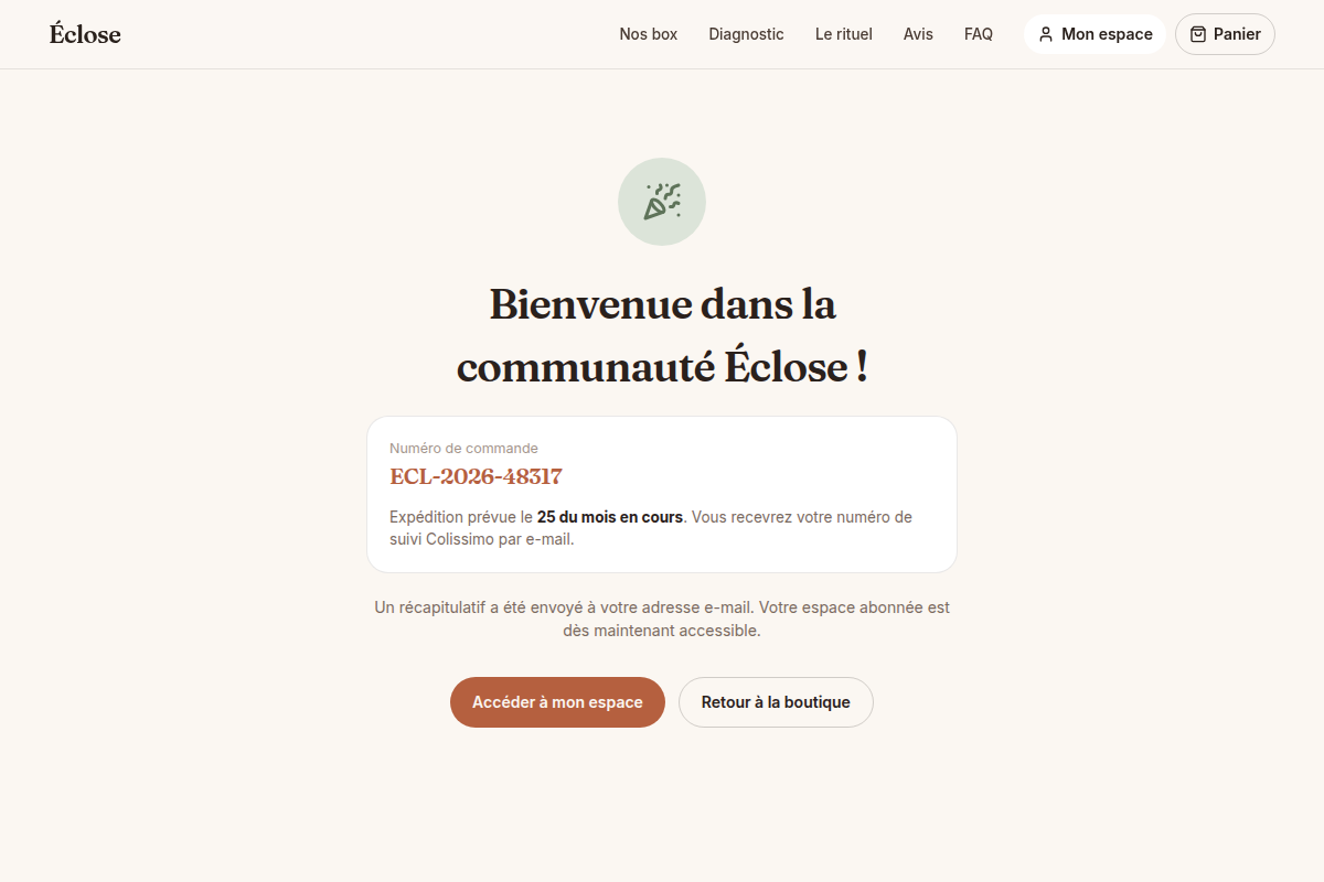 Écran de confirmation de commande
