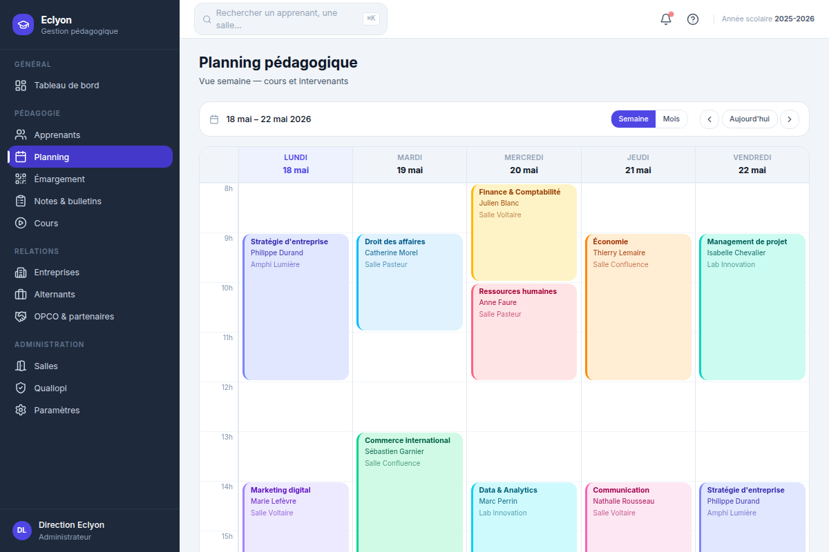 Planning hebdomadaire des cours