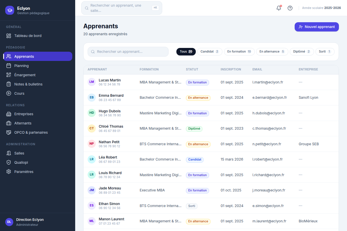 Annuaire des apprenants, filtrable par statut
