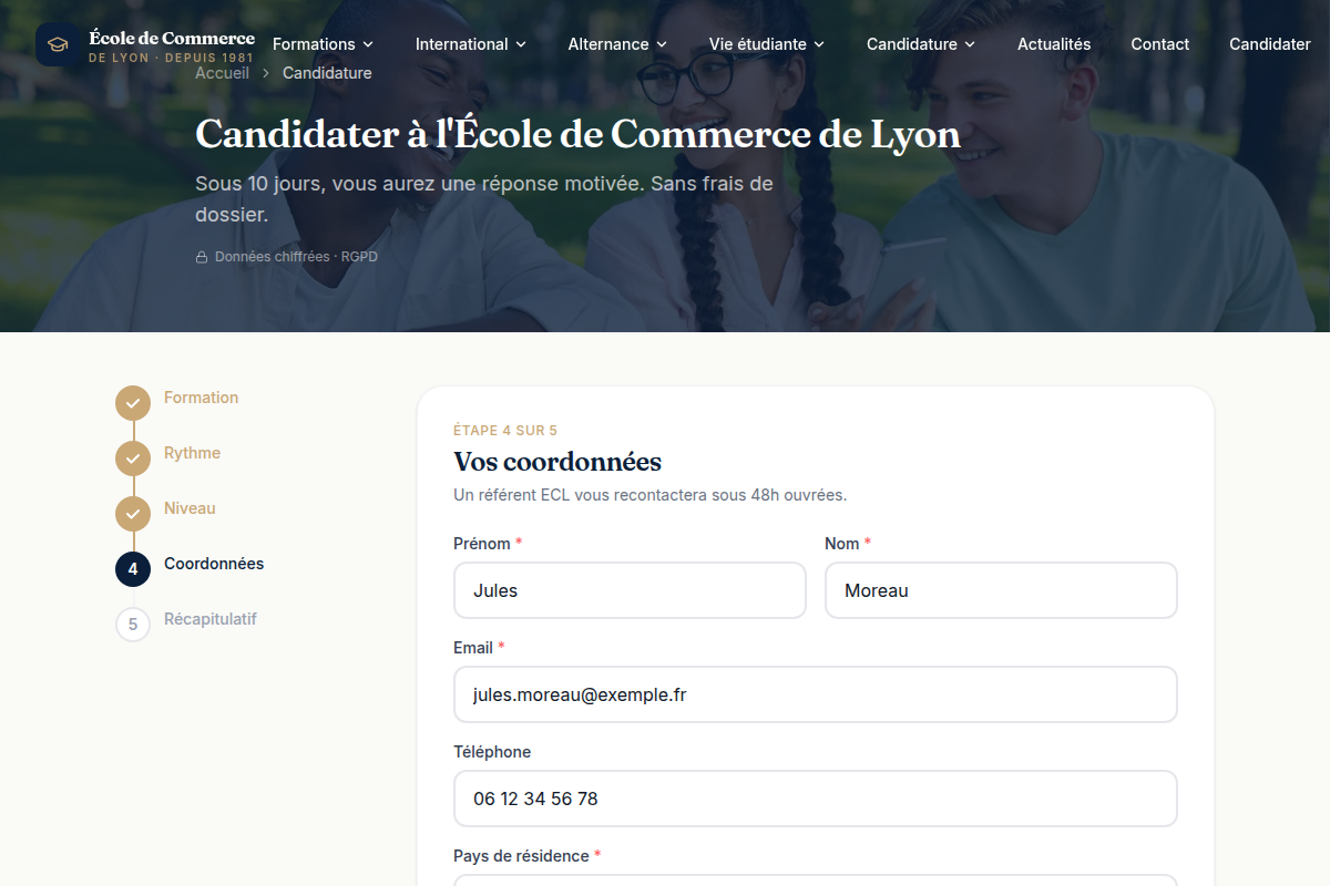 Candidature — étape 4 : coordonnées du candidat