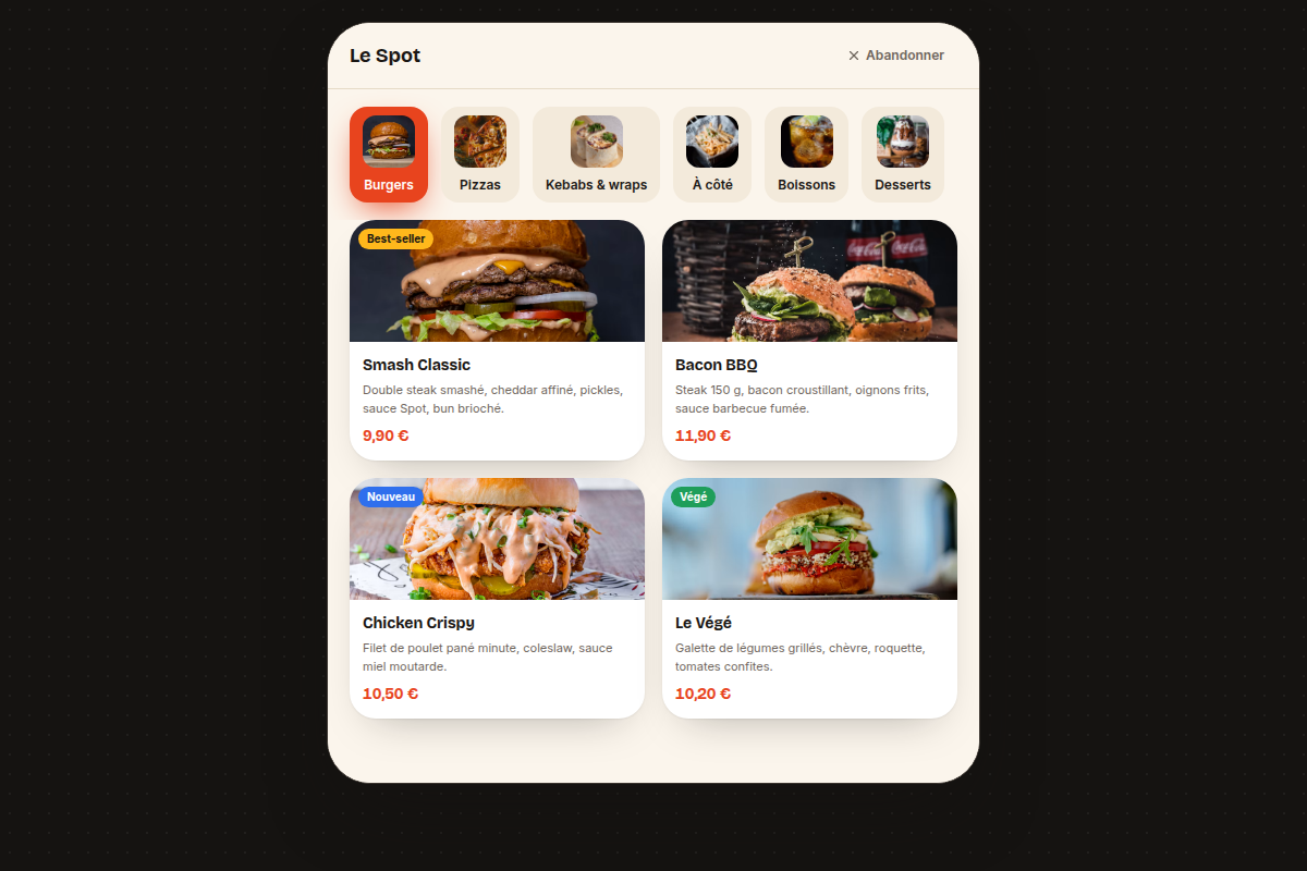 Catalogue par catégorie avec badges