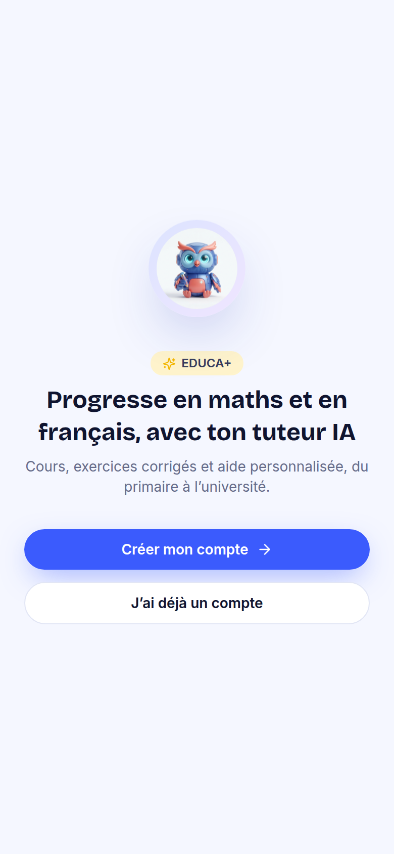 Accueil : mascotte, pitch, tuteur IA