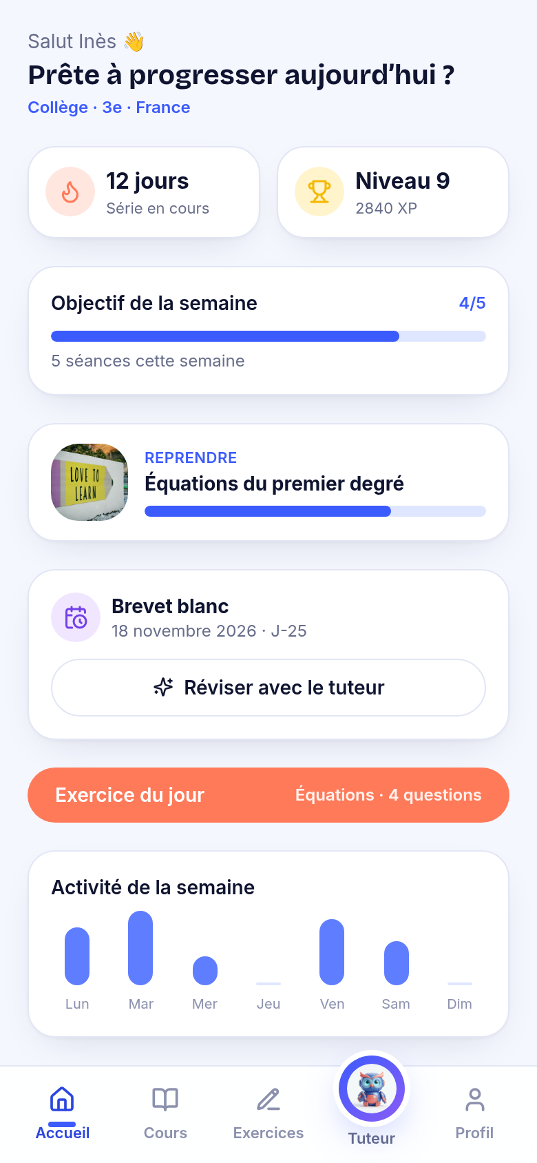 Tableau de bord élève : série, XP, objectif