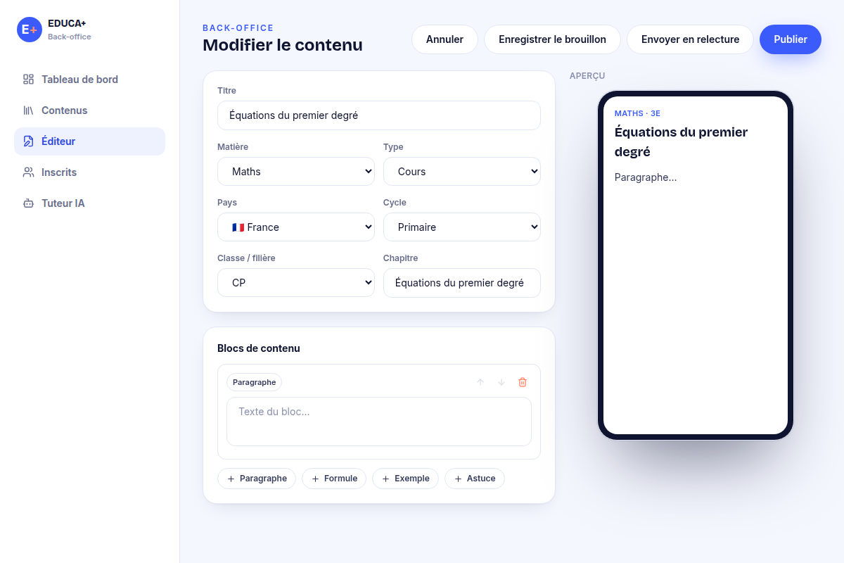 Éditeur de contenu pédagogique en blocs