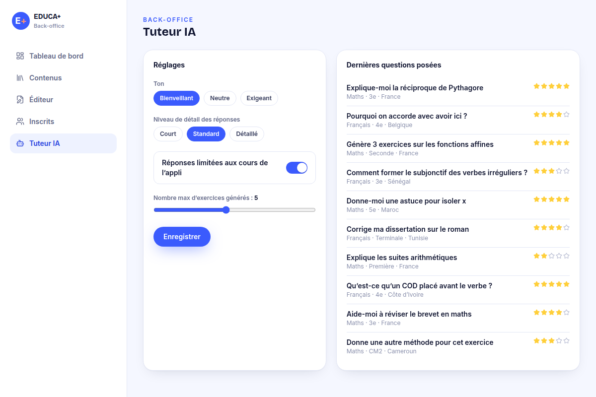 Réglages du tuteur IA : ton et détail