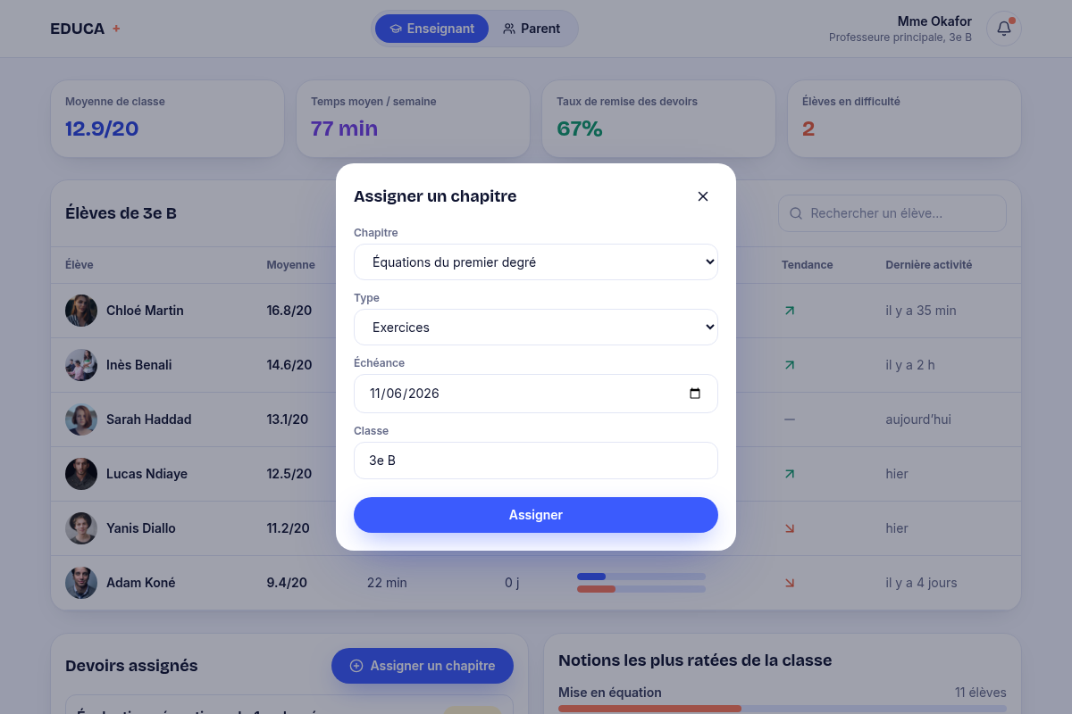 Assigner un chapitre en devoir à la classe