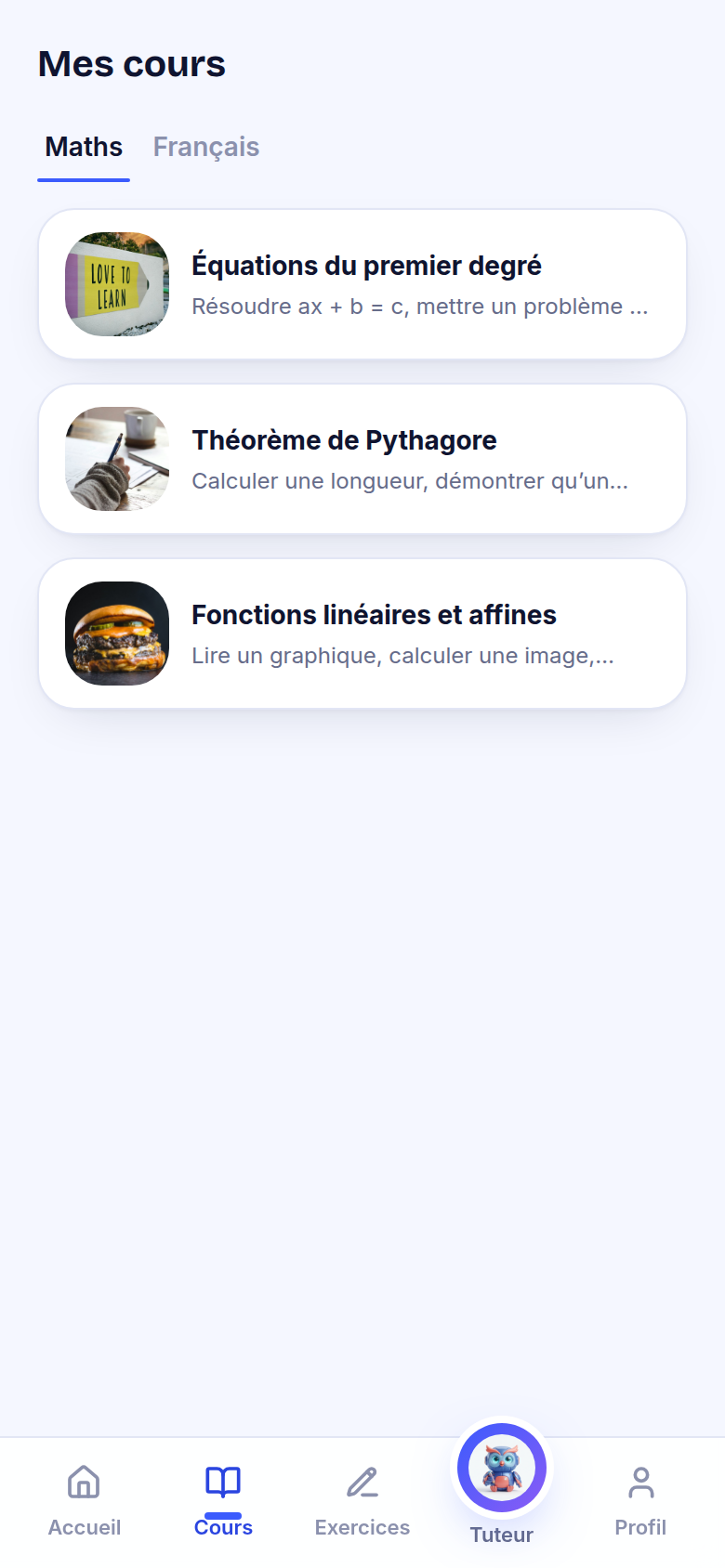 Chapitres maths et français avec progression