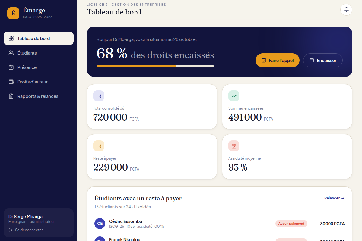 Tableau de bord : encaissements et relances en un clic