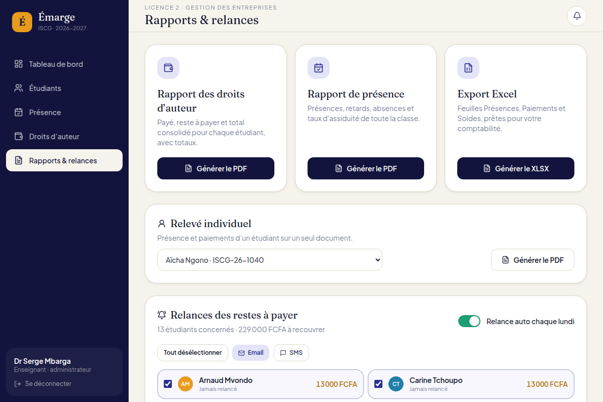 Rapports PDF/Excel et relances automatiques des impayés