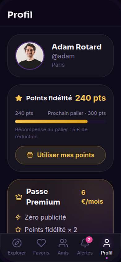 Profil : points fidélité et Passe Premium