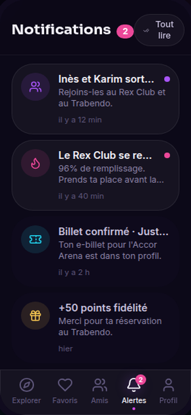 Notifications : amis, remplissage, billets