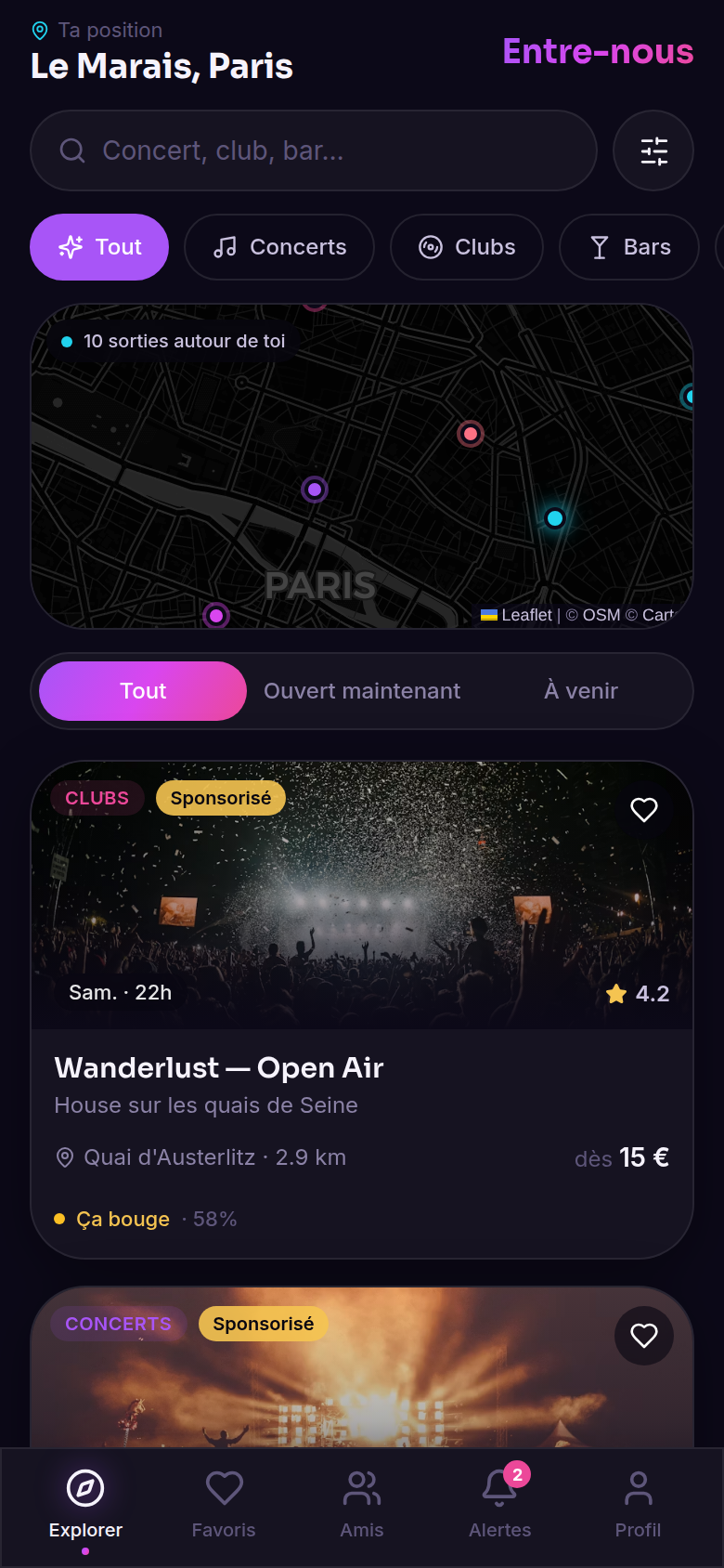 Vue Explorer : carte et feed de sorties