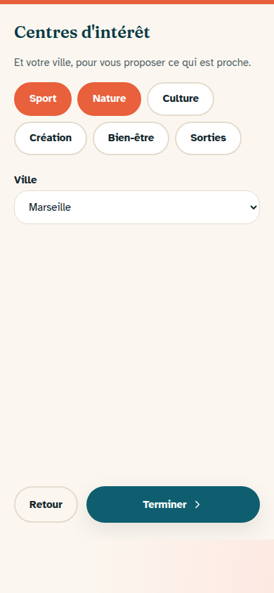 Centres d'intérêt et ville pour le matching