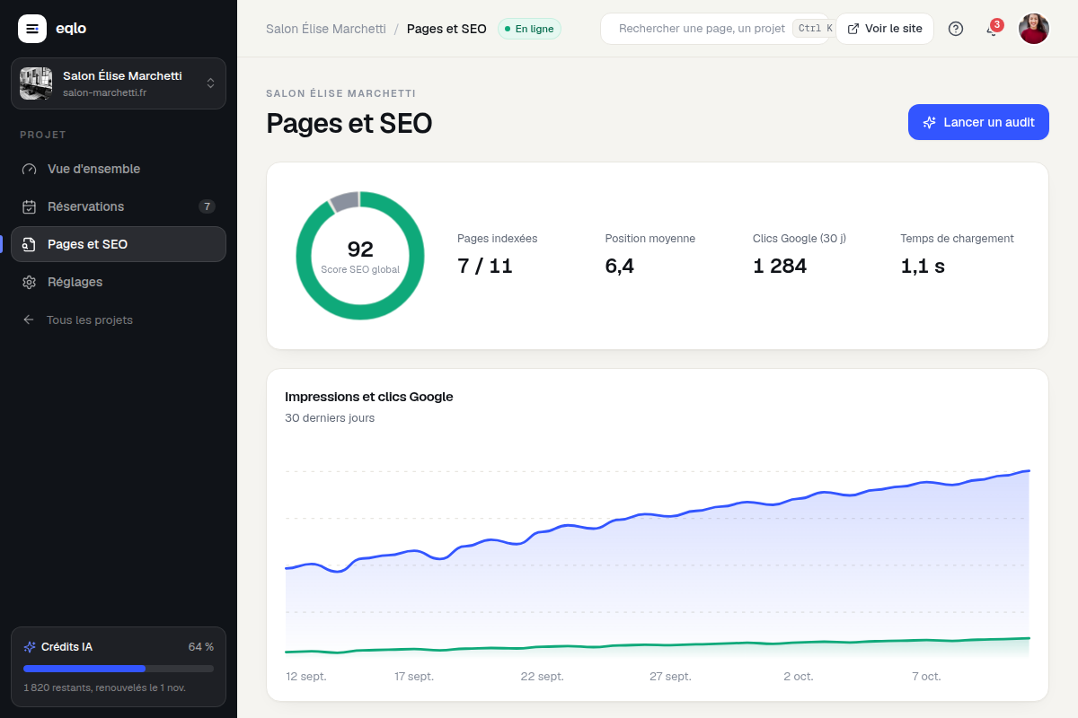 Audit SEO : score, pages indexées, mots-clés
