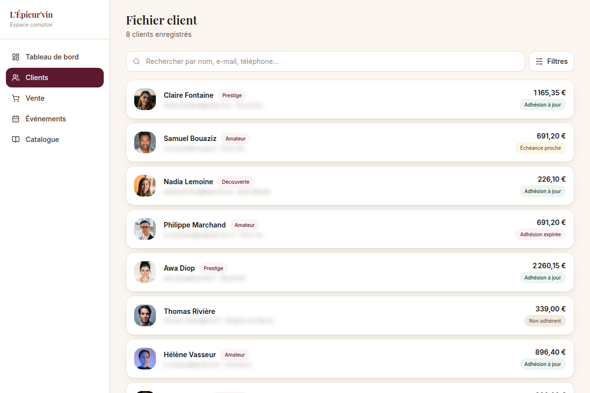 Fichier client avec recherche et statut d'adhésion