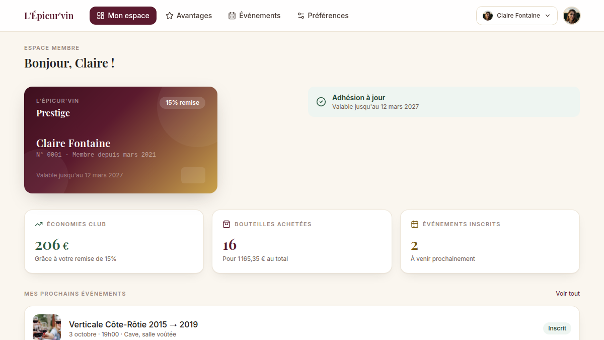 Carte de membre et statut en un coup d'œil