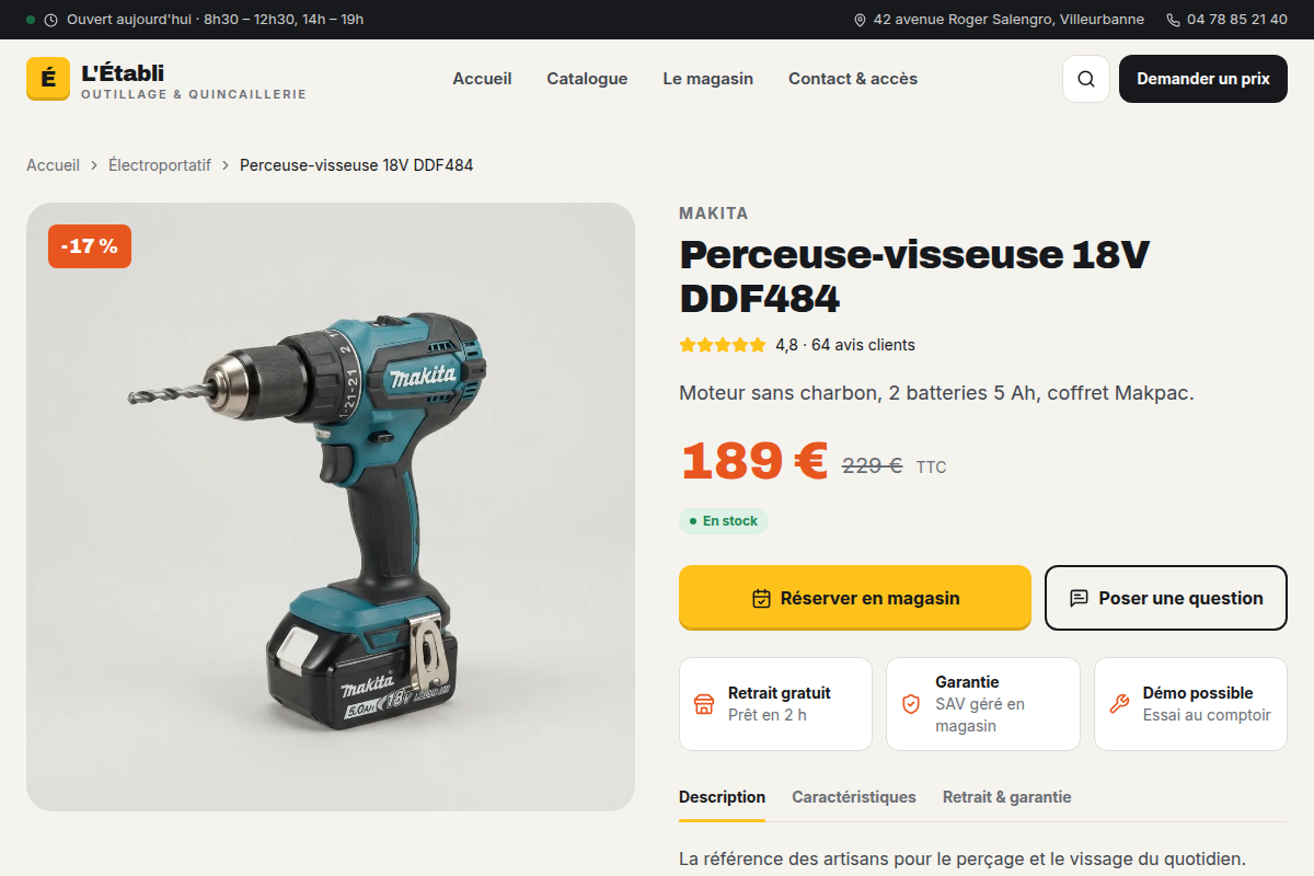Fiche produit détaillée avec stock réel
