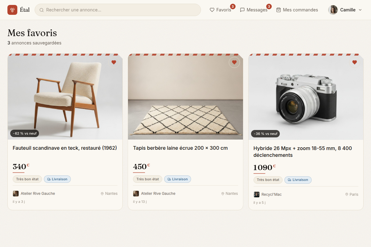 Espace favoris avec annonces sauvegardées