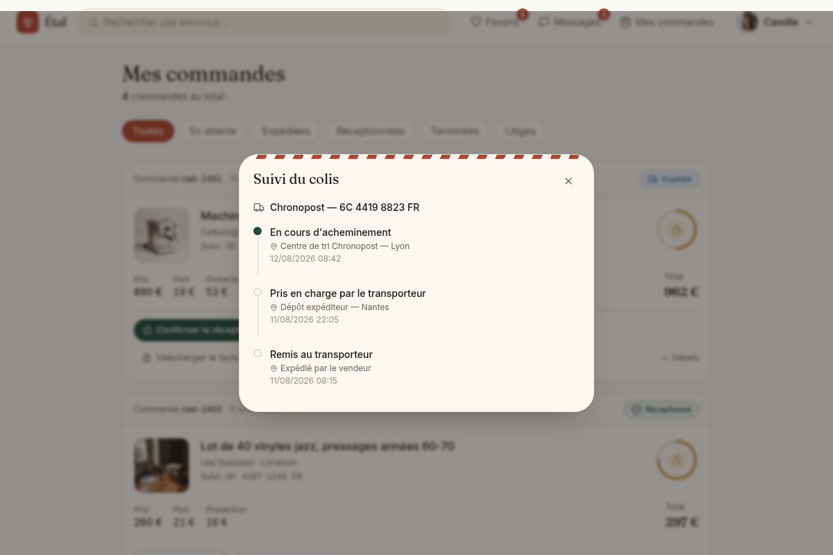 Suivi de commande : frise de progression du colis