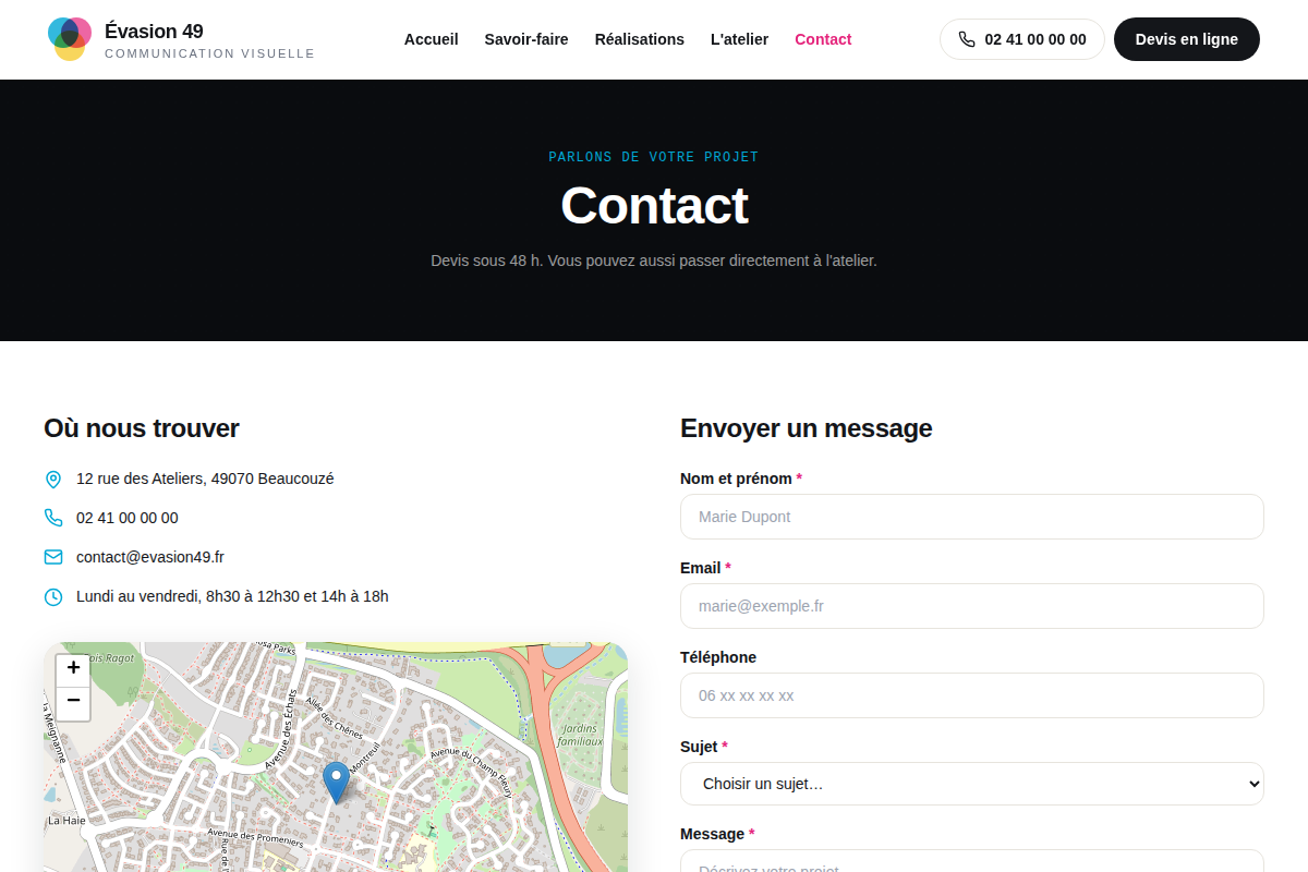 Contact — coordonnées, carte et formulaire