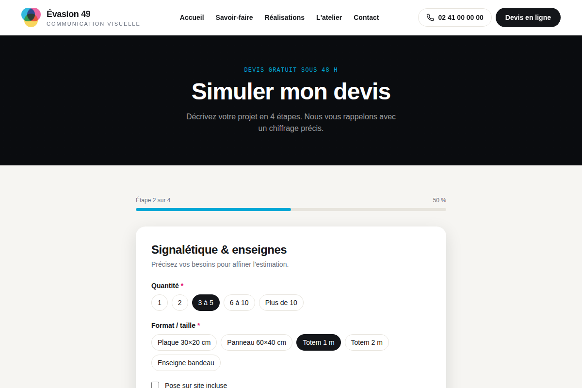 Simulateur de devis — étape options