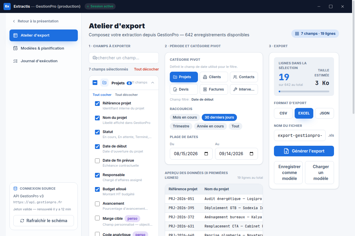 Export au format Excel, taille estimée en direct