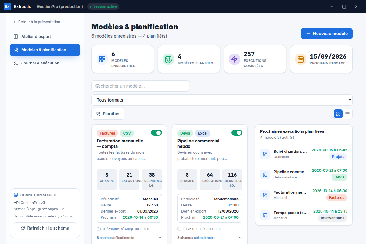 Modèles enregistrés, planifiés et exécutions