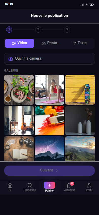 Publication vidéo, photo ou texte depuis la galerie