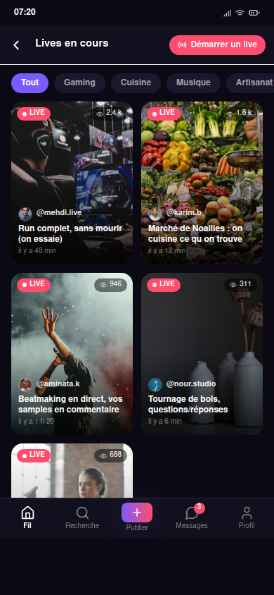 Liste des lives en cours, filtrable par catégorie