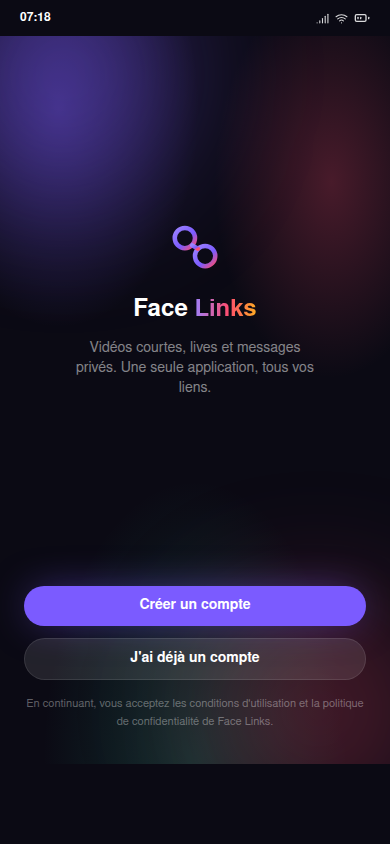 Écran d'accueil, connexion ou création de compte