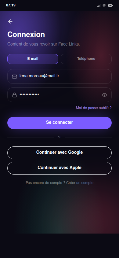 Connexion e-mail ou téléphone, pré-remplie pour la démo