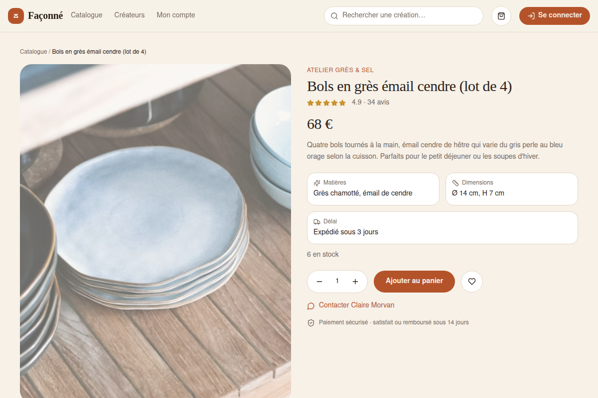 Fiche produit détaillée avec matières et délai