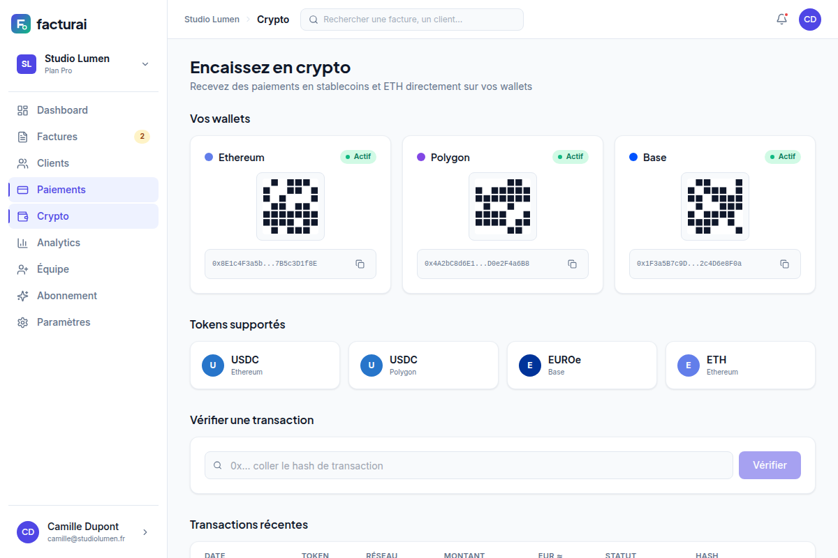 Encaissement crypto tracé on-chain