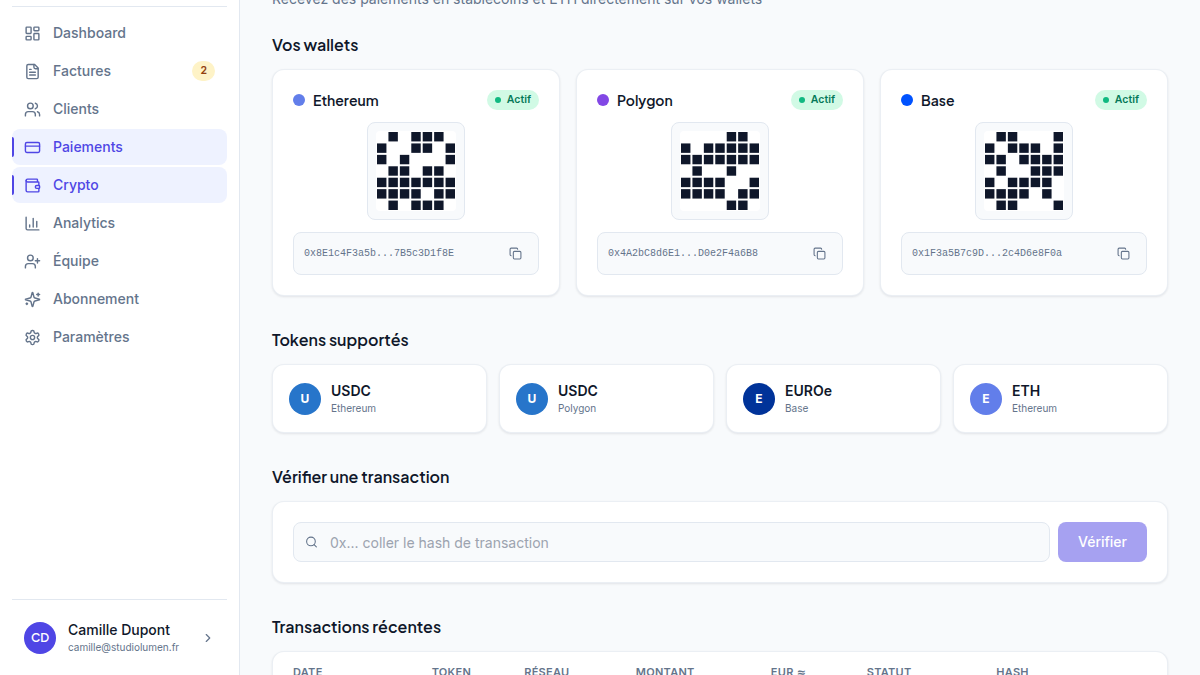 Encaissement crypto tracé on-chain
