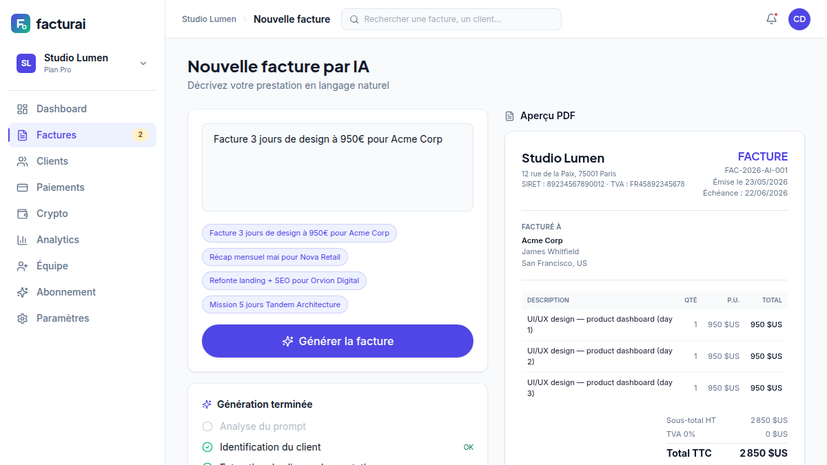 Facture générée en langage naturel