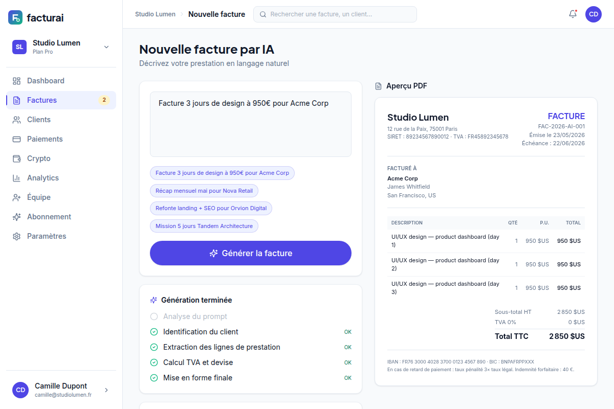 Génération de facture par IA en langage naturel