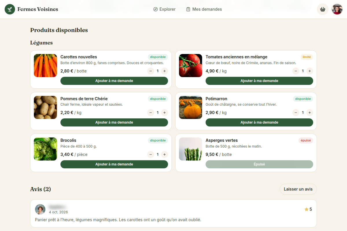 Catalogue par ferme, ajout à la demande