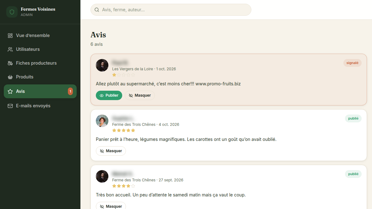 Modération des avis en une liste