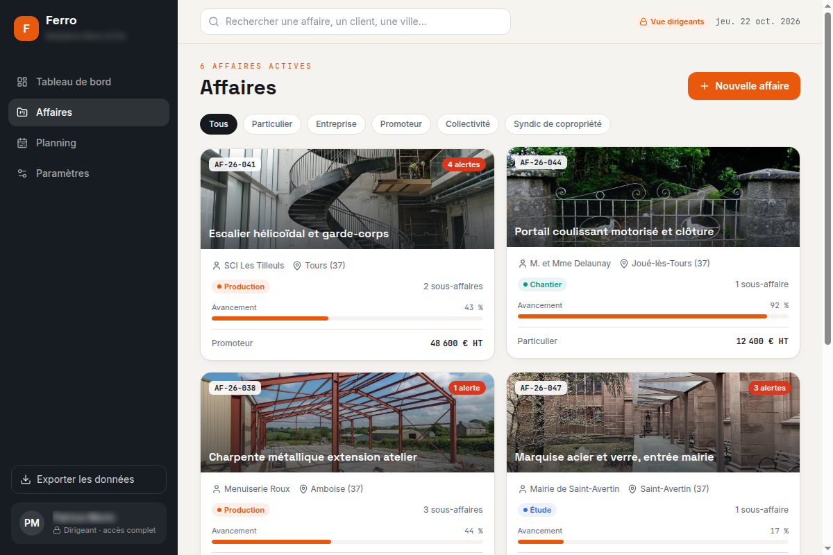 Affaires en cours : avancement, alertes, prix de vente