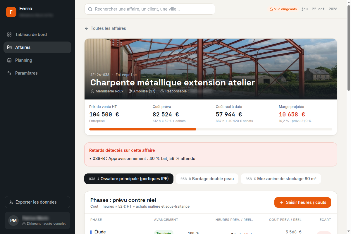 Phases prévu/réel et jalons d'une affaire