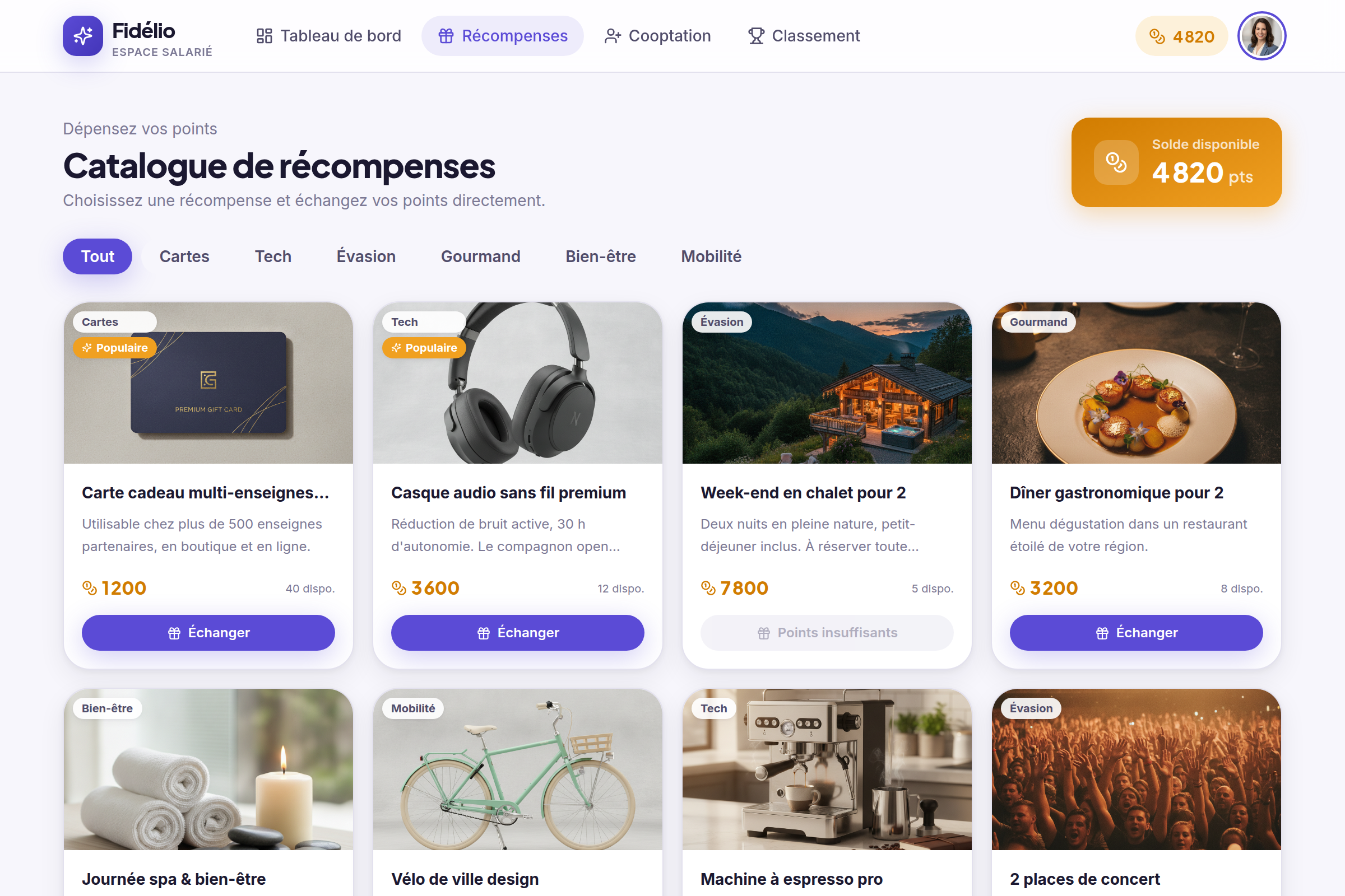 Catalogue de récompenses échangeables