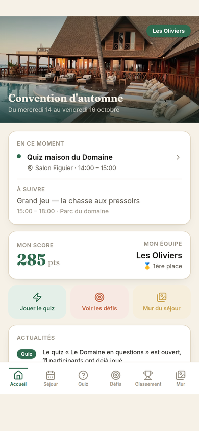 Accueil du participant, séjour en un coup d'œil