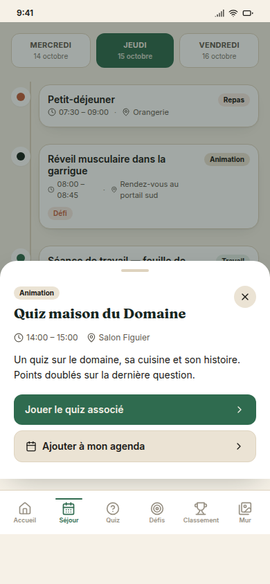 Détail d'un créneau avec accès direct au quiz