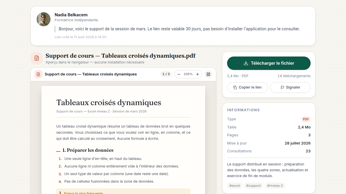 Un lien de partage suivi et autonome