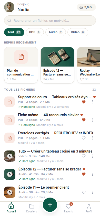 Bibliothèque : recherche, filtres, fichiers récents
