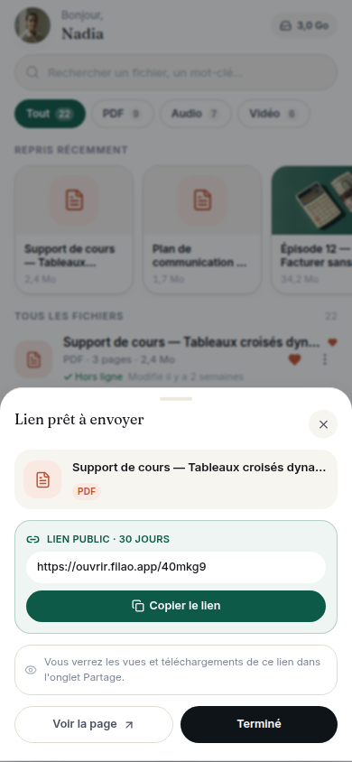 Lien de partage généré, prêt à copier