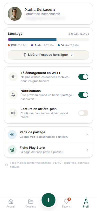 Profil, stockage et réglages